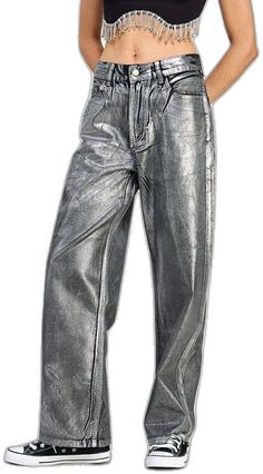 Metallic Straight Leg Jeans For Fall, Metallic Straight Leg Denim Jeans, Modern Straight Leg Jeans For Night Out, Silver Casual Bottoms For Fall, Silver Shiny Straight Leg Bottoms, Casual Silver Bottoms For Fall, Metallic Bottoms With Pockets For Fall, Straight Leg Jeans With Belt Loops For Night Out, Metallic Straight Leg Jeans With Five Pockets