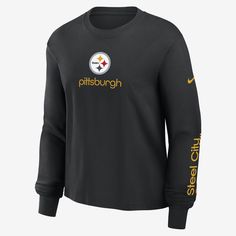 Made with bold team details and soft cotton fabric, this Boxy T-Shirt helps you comfortably support the Pittsburgh Steelers in cooler weather. Pittsburg Steelers, Nike Nfl, Cooler Weather, Pittsburgh Steelers, Team Colors, Black Nikes, Pittsburgh, Women Long Sleeve, Long Sleeve T Shirt