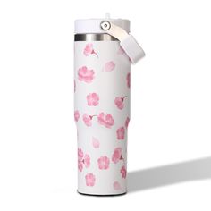 a white and pink water bottle with flowers printed on the side, sitting against a white background