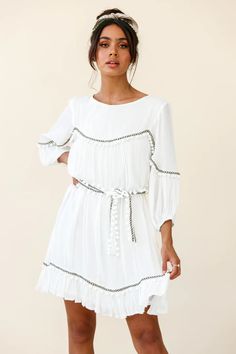 Shop the Marionette Three-Quarter Sleeve Pom-Pom Dress White | Selfie Leslie Spring Summer Dress With Back Tassel Tie-up, Flowy Dresses With 3/4 Sleeves For Vacation, Bohemian Half Sleeve Dresses For Vacation, Summer Dress With Ruffle Hem And 3/4 Sleeves, Summer Dresses With Ruffle Hem And 3/4 Sleeves, 3/4 Sleeve Ruffled Dress For Day Out, Ruffled Dresses With 3/4 Sleeves For Day Out, Spring Dresses With Tie Waist And 3/4 Sleeve, Spring Bohemian Dress With 3/4 Sleeves