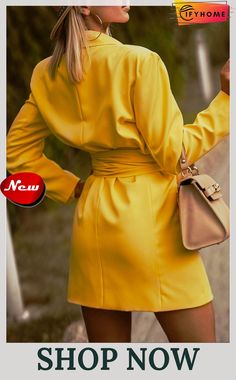 Yellow Long Sleeve Belted Blazer Dress Fitted V-neck Outerwear For Day Out, Spring Solid Belted Mini Dress, Spring Solid Color Belted Mini Dress, Solid Belted Mini Dress For Spring, Belted Mini Dress For Spring, Chic Fitted Solid Color Blazer Dress, Chic Fitted Solid Blazer Dress, Fitted Blazer Dress For Fall, Fitted Solid Color Mini Dress For Work