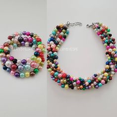 "Multicolor Pearl Necklace with Earrings Necklace: 18\" with 3\" extender chain  Necklace Set:  Includes:Necklace with Earrings  All pieces: Necklace with Earrings and 3 Beaded Bracelets  Bracelets are Stretch 7.5\" approx  *You can request the colors for the Earrings ** high quality chain and lobster clasp  Acrylic pearls: 10mm and 8mm" Multicolor Pearl Necklace, Stackable Beaded Bracelets, Multi Strand Pearl Necklace, Chunky Pearl Necklace, Bracelet Craft, Chunky Pearls, Pearl Bracelets, Bracelet Craft Diy, Pearl Necklace Set