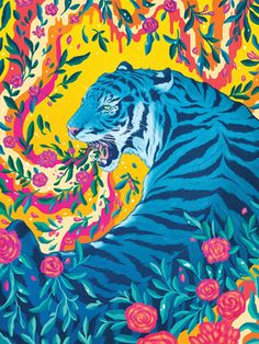 a painting of a tiger with flowers in its mouth