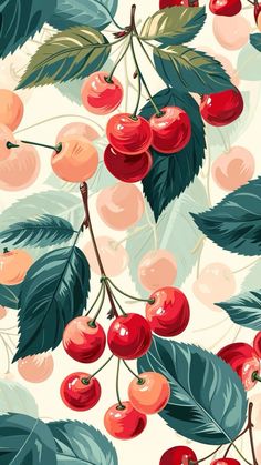 an illustration of cherries on a branch with leaves and berries in the foreground