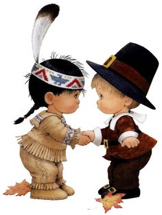 two children dressed up in native american clothing and hats, one holding the other's hand