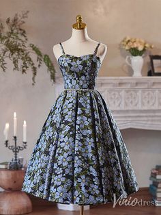 Blue Floral Print Homecoming Dress Spaghetti Strap Back to School Dres – Viniodress Backless Homecoming Dresses, Cherry Blossom Dress, Spaghetti Strap Prom Dress, Black Spaghetti Strap, Black Spaghetti, Chic Gowns, Dress Drawing, Homecoming Dresses Black, School Dresses