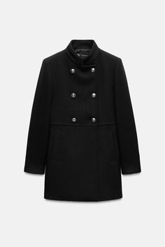 DOUBLE BREASTED WOOL BLEND COAT - Black | ZARA United States Double-breasted Wool Coat, Double-breasted Outerwear With Button Cuffs For Winter, Double-breasted Wool Coat With Button Closure, Double-breasted Winter Pea Coat With Button Closure, Winter Double-breasted Pea Coat With Button Closure, Double-breasted Wool Coat With Extra Button For Winter, Double-breasted Wool Coat With Double Button Closure For Work, Double-breasted Wool Coat For Business In Winter, Workwear Double-breasted Wool Coat With Double Button