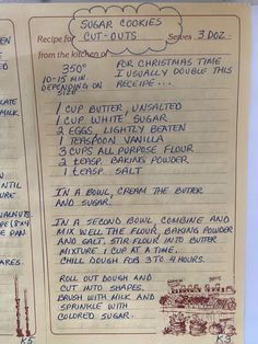 a recipe for christmas cookies is shown on a piece of paper with handwritten instructions