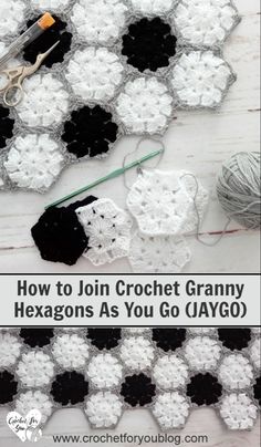 crochet granny hexagons as you go laygo with text overlay reading how to join crochet granny hexagons as you go