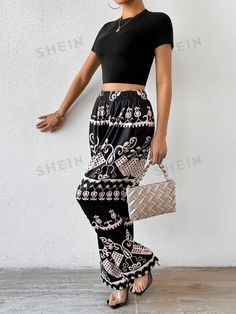 Bohemian Black Pants, Bohemian Boho Print Pants For Vacation, Non-stretch Boho Print Bottoms For Summer, Summer Boho Print Harem Bottoms, Boho Print Harem Bottoms For Summer, Bohemian High Waist Harem Pants For Beach, Bohemian Non-stretch Bottoms With Boho Print, Spring Boho Print Harem Bottoms, Black Harem Beach Pants