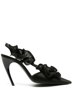 black satin finish slingback strap branded leather insole ruffled detailing high sculpted heel Satin Pumps, Slingback Pump, Black Pumps, Black Satin, Pump Shoes, Satin Finish, Calf Leather, Stiletto Heels, Fashion Branding