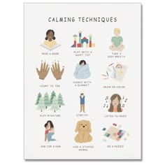 a poster with the words calming techniques on it and images of people around them