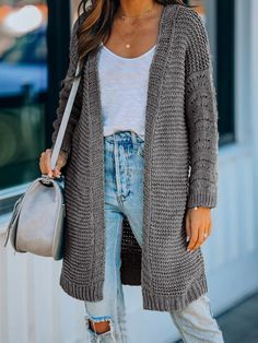 Grey Long Knit Cardigan, Cardigan Casual, Casual Outerwear, Chunky Knit Cardigan, Casual Cardigans, Long Knit, Selling Clothes, Knitted Cardigan, Cardigan Tops