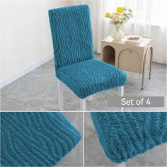 four pictures of the same chair with different colors and sizes, including teal blue