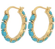 Elevate your style with these stunning Affinity Gems turquoise round hoop earrings, featuring prong-set turquoise oval cabochons that add a vibrant touch to any outfit. From Affinity Gems. Oval Cabochon, Elevate Your Style, Prong Setting, Your Style, Gold Plate, Jewelry Earrings, Hoop Earrings, Gems, Plating