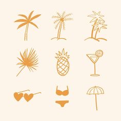 an orange and white drawing of different types of items in the shape of palm trees