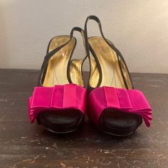 I Was Obsessed With These For Years And Finally Found Them- Wore Once To A Wedding And Ever Since They Have Been Collection Dust On The Top Shelf Of My Closet. Now That I Have 3 Little Ones I Never Get A Chance To Wear Them. I Will Be Sad To See Them Go, Tempted Not To Sell- But They Need A Good Home! Peep Toe Style Black Suede Platform Style (Makes Them Easier To Walk In) Slingback Hot Pink Silk Bows Leather Foot Bed Leather Sole Made In Italy Kate Spade Truly Has The Best Quality Shoes No Trades Pink Slingback Pumps With 4-inch Heel And Ankle Strap, Pink High Heel Slingback Pumps With Padded Heel, Pink Ankle Strap Slingback Pumps With Padded Heel, Pink Slingback Pumps For Spring Evening, Pink Slingback Pumps With Padded Heel For Spring, Pink Open Toe Slingback Pumps For Spring, Pink High Heel Slingback Pumps For Formal Occasions, Pink High Heel Slingback Pumps For Formal Events, Pink Slingback Pumps With 4-inch Heel