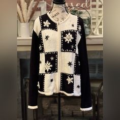 Vintage Erika Sweater Zip front cardigan Women's large 21.5" armpit to armpit 24" in length Embroidered, crocheted, beaded, pearl snowflakes in black and white squares 55% ramie 45% cotton The perfect grandma/granny core sweater for winter holidays and Christmas! Excellent pre-owned condition Fitted Holiday Cardigan, Fitted Long Sleeve Holiday Cardigan, Holiday Sweater With Fair Isle Pattern, Fitted Long Sleeve Holiday Sweater, Christmas Long Sleeve Knit Cardigan, Christmas Knit Long Sleeve Cardigan, Christmas Knitted Long Sleeve Cardigan, Knitted Long Sleeve Christmas Cardigan, Christmas Knit Cardigan With Long Sleeves