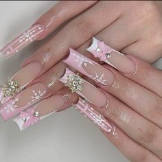 long french tip pink winter nails with snowflake charm and bow Pink Winter Nails, Long French Tip, French Tip Pink, Brown Acrylic Nails, Gel Toe Nails, Sassy Nails, Long Acrylic Nail Designs, Nails Design With Rhinestones