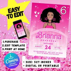 "Get ready to celebrate a glamorous Barbie-themed birthday party with our exquisite African American Barbie Birthday Invitation Template! Perfectly designed for Etsy, this invitation template will make your little one's special day even more magical. Key Features: Editable Text: Easily personalize the invitation with your party details, including the date, time, location, and RSVP information. Customize the font style, size, and color to match your party theme. High-Quality Graphics: Our template is crafted with high-quality graphics and is perfect for printing at home or with a professional printer. You'll get crisp, vibrant invitations every time. Digital Download: Instantly download the template after purchase, ensuring you have it in your hands in no time. No need to wait for shipping! Barbie Birthday Party Invitations Digital Art, Barbie Birthday Invitations, Magical Key, Family Feud Game, Girls Party Invitations, Barbie Birthday Party, Doll Party, Barbie Birthday, Party Details