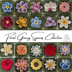 crocheted flowers are arranged in squares on a table with text that reads, full granny square collection