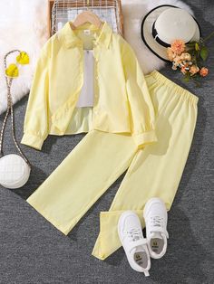 Amarillo Casual Collar   Liso  Embellished No-Elástico Casual Spring Pajama Party Sets, Casual Summer Pant Set, Casual Yellow Sets With Long Sleeves, Casual Yellow Long Sleeve Sets, Casual Yellow Pajama Party Sets, Casual Summer Pant Set For Pajama Party, Yellow Casual Sets For Pajama Party, Casual Yellow Sets For Pajama Party, Casual Yellow Pant Set For Spring