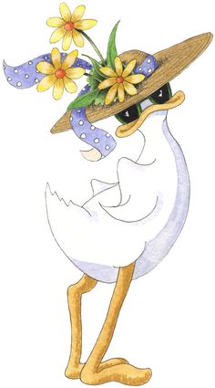 a duck wearing a hat with flowers on it's head and holding a flower in its beak