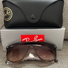 Nwt Ray-Ban Sunglasses, With Box And Case Brown Shield Sunglasses With Gradient Lenses, Brown Anti-reflective Shield Sunglasses, Brown Rectangular Aviator Sunglasses With Gradient Lenses, Ray Ban Sunglasses, Colored Sunglasses, Ray Ban, Sunglasses Accessories, Ray Bans, Women Accessories