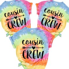 This Cousin Crew shirt is perfect for family gatherings, featuring a retro cousin shirt design in vibrant tie dye. Ideal for kids, toddlers, teens, and adults, this cute shirt makes a fun and colorful gift for any cousin and is great for matching family outfits. SHIRT DETAILS: Make a statement in the tie-dye tee. Made using 5.4 oz of 100% cotton, this shirt is proudly dyed in the USA and no two tees are exactly alike. Sewn with a seamless rib at the neck, double-needle stitching throughout and t Fun Tie Dye Tops With Letter Print, Fun Tie-dye Top With Letter Print, Playful Tie Dye Short Sleeve T-shirt, Playful Tie-dye Short Sleeve T-shirt, Playful Tie Dye Cotton Tops, Cute Tie Dye Tops With Letter Print, Playful Cotton Tie-dye Tops, Playful Cotton Tie Dye Tops, Fun Pre-shrunk Tie Dye Top