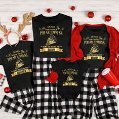 "Polar Express Personalised Matching Christmas Family T-shirts (T-shirts only - Short Sleeve tops). These are a great addition to make the season even more special and ideal for Christmas Eve and Christmas morning pictures or get festive and add to Christmas eve boxes. Your family will love wearing these cute matching family Christmas t-shirts. Start your Christmas tradition with these adorable matching t-shirts. They are perfect for Christmas card photos, Christmas holidays, Christmas Eve or simply Christmas morning cuteness. All our t-shirts and baby vest are: - made from 100% cotton - soft  - comfortable ----------- How to Order Your Custom Design T-shirt ---------- *  Please check the size guide below to ensure you order the correct sizes. * Choose your t-shirt/ baby vest/romper size f Family Matching Letter Print Holiday Tops, Black Christmas Tops With Letter Print, Family Matching Holiday Tops With Letter Print, Black Winter Holiday T-shirt, Black Holiday Tops With Letter Print, Black Holiday Top With Letter Print, Black Tops With Letter Print For Holiday, New Year Holiday Crew Neck T-shirt, Festive Crew Neck T-shirt With Letter Print