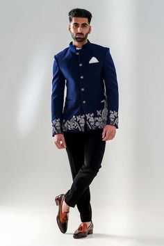 Buy Blue Japanese Polyester Embroidery Flower Sequin Jodhpuri Set For Men by Amrit Dawani Online at Aza Fashions. Festive Long Sleeve Floral Bandhgala, Fitted Long Sleeve Bandhgala With Floral Embroidery, Fitted Long Sleeve Nehru Jacket With Chikankari Embroidery, Wedding Bandhgala With Floral Embroidery And Long Sleeves, Designer Long Sleeve Nehru Jacket With Intricate Embroidery, Designer Long Sleeve Nehru Jacket With Embroidery, Reception Sherwani With Floral Embroidery And Long Sleeves, Long Sleeve Sherwani With Floral Embroidery For Reception, Floral Embroidered Sherwani For Reception With Long Sleeves