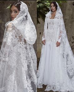 two pictures of a woman in white wedding gowns and veil with flowers on it