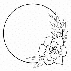 a black and white drawing of a rose with leaves in the center, on a dotted background