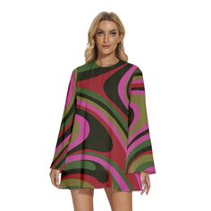 Step into the enchanting world of 70s Dress Style with our Bell Sleeve Dress, a captivating piece that encapsulates the spirit of the groovy era. This 60s 70s mini dress is a Boho Dress with a distinctive Bohemian touch, perfect for those seeking a Pink brown Hippie Dress that exudes both charm and style.The Multicolor Tent Dress features a groovy pattern print inspired by the psychedelic aesthetics of the 70s, creating a visually striking and unique look. This slip-on dress is designed for ease 70s Dress Style, 70s Style Dress, 70s Mini Dress, Groovy Pattern, 70s Fashion Dresses, Retro Inspired Dress, Graceful Movement, Groovy 70s, Hippie Dress