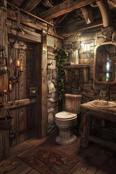 a rustic bathroom with stone walls and wood flooring is lit up by the lights