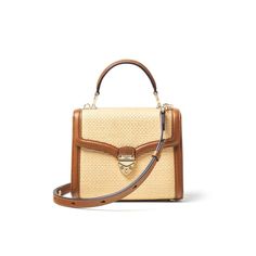 Midi Mayfair® Bag in Natural Raffia & Smooth Tan Classic Brown Shoulder Bag With Bamboo Handle, Designer Beige Shoulder Bag With Bamboo Handle, Luxury Rectangular Straw Bag With Detachable Strap, Designer Straw Bag With Bamboo Handle For Travel, Classic Shoulder Bag With Bamboo Handle For Shopping, Classic Shoulder Bag With Bamboo Handle For Travel, Classic Travel Shoulder Bag With Bamboo Handle, Luxury Straw Bag With Leather Top Handle, Classic Travel Bag With Bamboo Handle