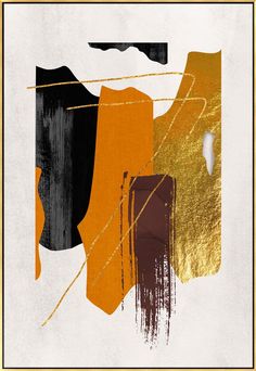 an abstract painting with gold, black and orange colors on white paper in a golden frame