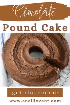 chocolate pound cake on a plate with text overlay