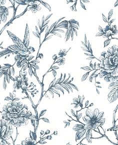 a blue and white floral wallpaper with lots of flowers on the top of it