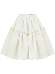 ivory white taffeta tiered skirt ruffled trim flared high waist A-line concealed rear zip fastening above-knee length Fitted A-line Skirt With Ruffles, Tiered Ruffled Petticoat, Chic Relaxed Tiered Skirt, Chic Tiered Lined Skirt, Chic Tiered Voluminous Skirt, Chic Voluminous Tiered Skirt, White Flared Skirt With Ruffle Hem, White A-line Gathered Skirt, Elegant Pleated Hem Tiered Skirt