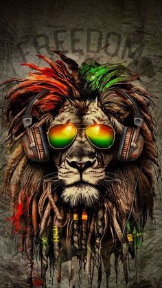 a lion wearing headphones and glasses with the words reggae on it's face