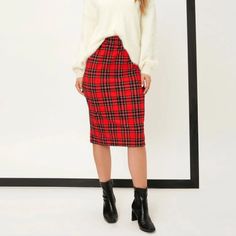 Shein Tartan Print Pencil Skirt Plaid Pencil Skirt Outfit, Red Plaid Blazer, Mustard Yellow Skirts, Pencil Skirt Outfit, Shein Skirts, Knitted Crop Tank Top, Red Plaid Skirt, Pencil Skirt Outfits, Apostolic Fashion