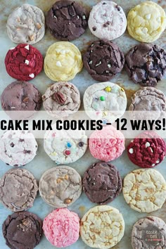 a baking sheet filled with cookies that have been cut in half and the words cake mix cookies 12 ways