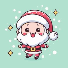 a cartoon santa claus running through the snow with stars on his head and arms,