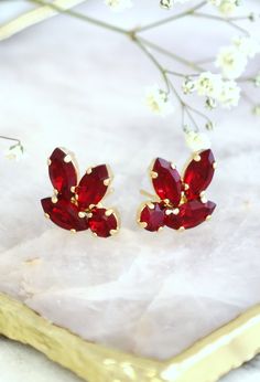 Ruby Red Earrings, Burgundy Crystal Earrings, Bridal Red Ruby Crystal Earrings, Bridesmaids Earrings, Ruby Crystal Swarovski Earrings Formal Red Cluster Earrings For Pierced Ears, Red Cluster Earrings For Pierced Ears As Gift, Red Cluster Earrings Gift, Bridal Cuff, Crystal Cluster Earrings, Bridesmaids Earrings, Vintage Inspired Earrings, Ruby Crystal, Opal Studs