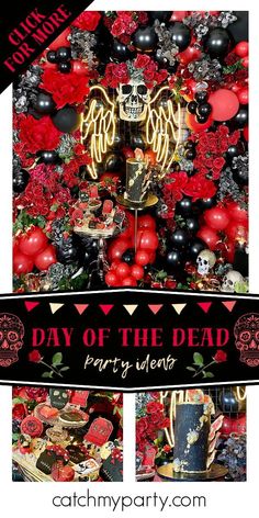 the day of the dead party with red and black decorations