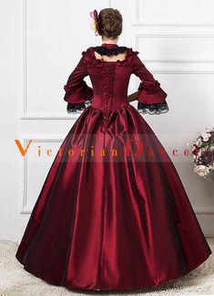 Wine Red 1800s Victorian Dance Dress Historical Wedding Ball Gown   Condition: Brand New  Color: amp;nbsp; As Picture  Material: Satin  Silhouette: Ball Gown  Sleeve Length: Long Sleeve  Dresses Length:Floor-Length  Neckline: Square Collar  Decoration: Lace  Style: Vintage  Includes: Dress And Petticoat    amp;nbsp; Red Floor-length Gown For Costume Party, Red Ball Gown For Costume Party, Red Floor-length Gown For Costume Occasions, Red Floor-length Gown For Costume, Red Floor-length Costume Gown, Red Fitted Ball Gown For Costume Party, Elegant Red Ball Gown For Costume Party, Elegant Floor-length Victorian Dress For Theater, Red Historical Costume Dress