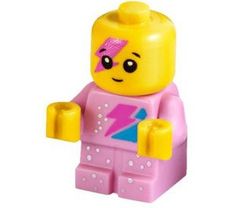 a pink lego toy with a yellow head and purple shirt on it's chest