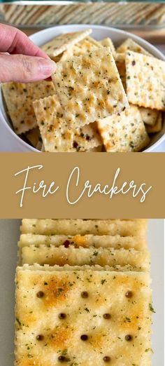 crackers that have been cut into small pieces and placed in a white bowl with the words, fire crackers on it