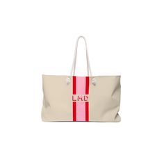 "From trips to the beach to weekend getaways and family picnics, this oversized tote is the ultimate carryall. Made in the USA with a beautiful monogram stripe design, the tote is crafted from thick polyester canvas that has been squared off at the bottom for extra support. The tote features a spacious interior with a cream lining for organizing essentials and thick rope handles for effortless toting. Our tote bags also make great personalized gifts for bridesmaids. Our monogrammed travel totes are available in many stylish patterns. See our matching clutches, pouches, and phone cases.  ★Details★ This listing is for 1 Personalized Tote Bag with personalized INITIALS. size: 24\" x 13\" ★TOTE BAG★ * made with natural polyester canvas, rope handles * cream interior lining * this bag is printe Rectangular Canvas Bag For Vacation, Rectangular Canvas Bag For Everyday Vacation Use, Rectangular Canvas Bag For Everyday And Vacation, Red Rectangular Weekender Bag For Trips, Beige Rectangular Bags For Weekend Trips, Trendy Rectangular Weekender Bag, White Rectangular Travel Bag For Weekend Trips, Beige Rectangular Bag For Weekend Trips, Beige Rectangular Weekender Bag For Summer